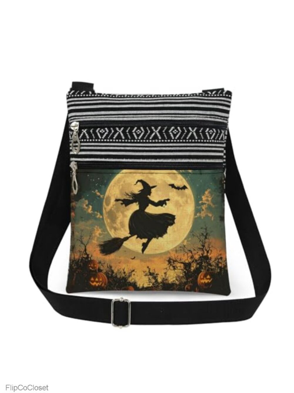 Halloween Crossbody Bag Polyester Bat Pumpkin Purse Adjustable Strap